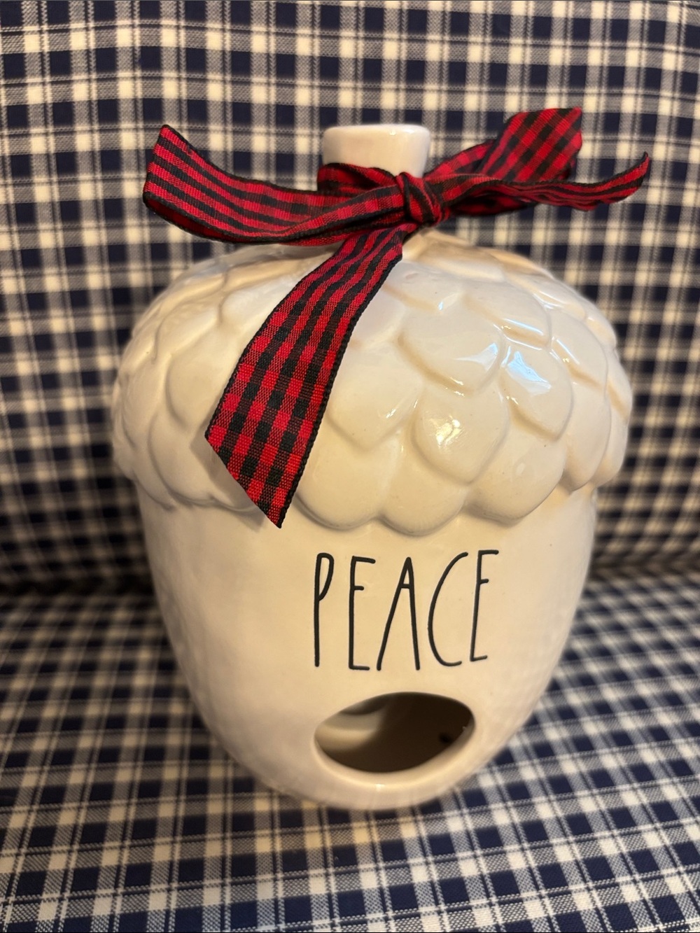Rae Dunn White Ceramic Acorn 'PEACE' with Red Plaid Bow